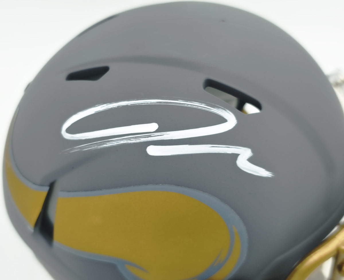 Jordan Addison Autographed Minnesota Vikings Slate Silver Speed Mini Helmet (In White) Beckett BAS QR Stock #261899