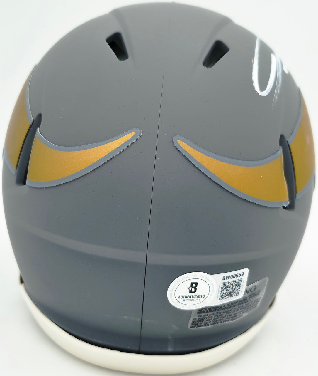 Jordan Addison Autographed Minnesota Vikings Slate Silver Speed Mini Helmet (In White) Beckett BAS QR Stock #261899