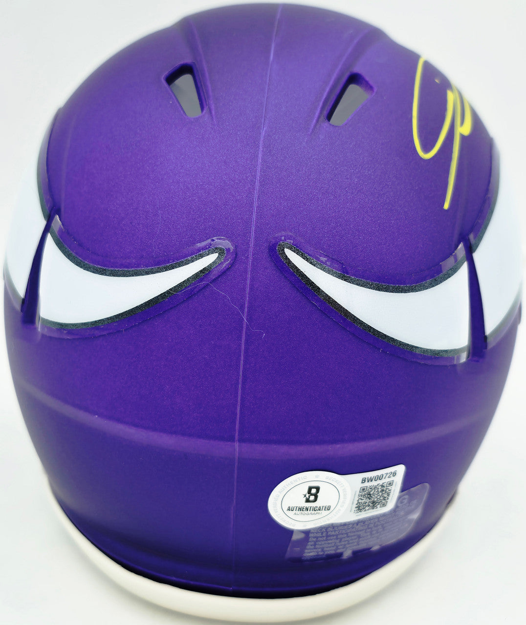 Jordan Addison Autographed Minnesota Vikings Purple Speed Mini Helmet (In Yellow) Beckett BAS QR Stock #261900