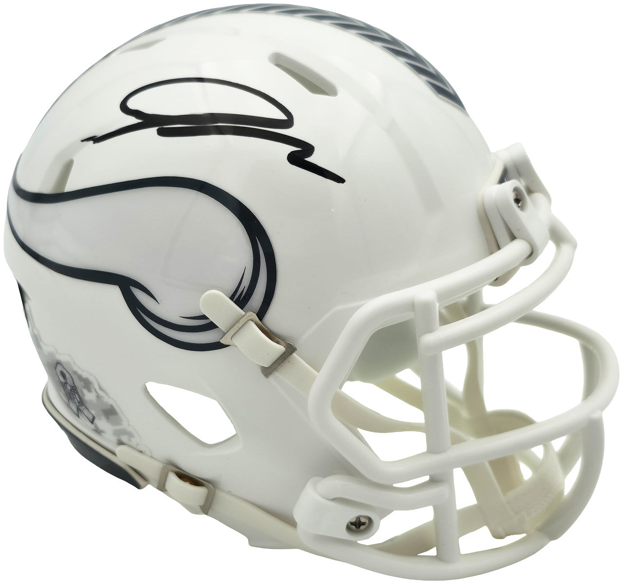 Jordan Addison Autographed Minnesota Vikings White 2024 Salute To Service Speed Mini Helmet (In Black) Beckett BAS QR Stock #261904