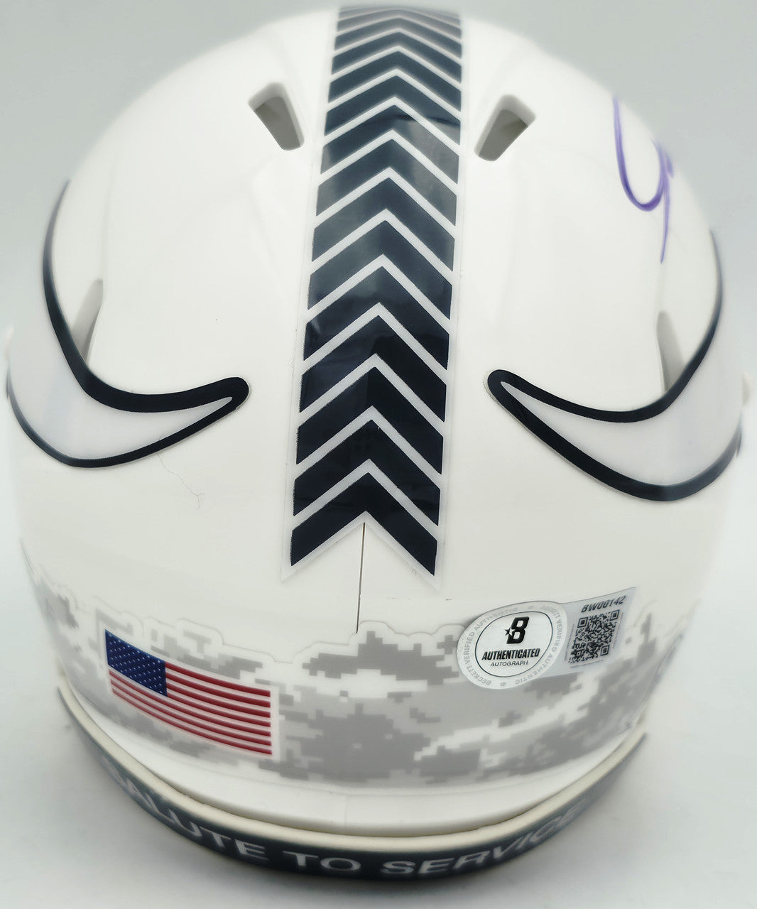 Jordan Addison Autographed Minnesota Vikings White 2024 Salute To Service Speed Mini Helmet (In Purple) Beckett BAS QR Stock #261905