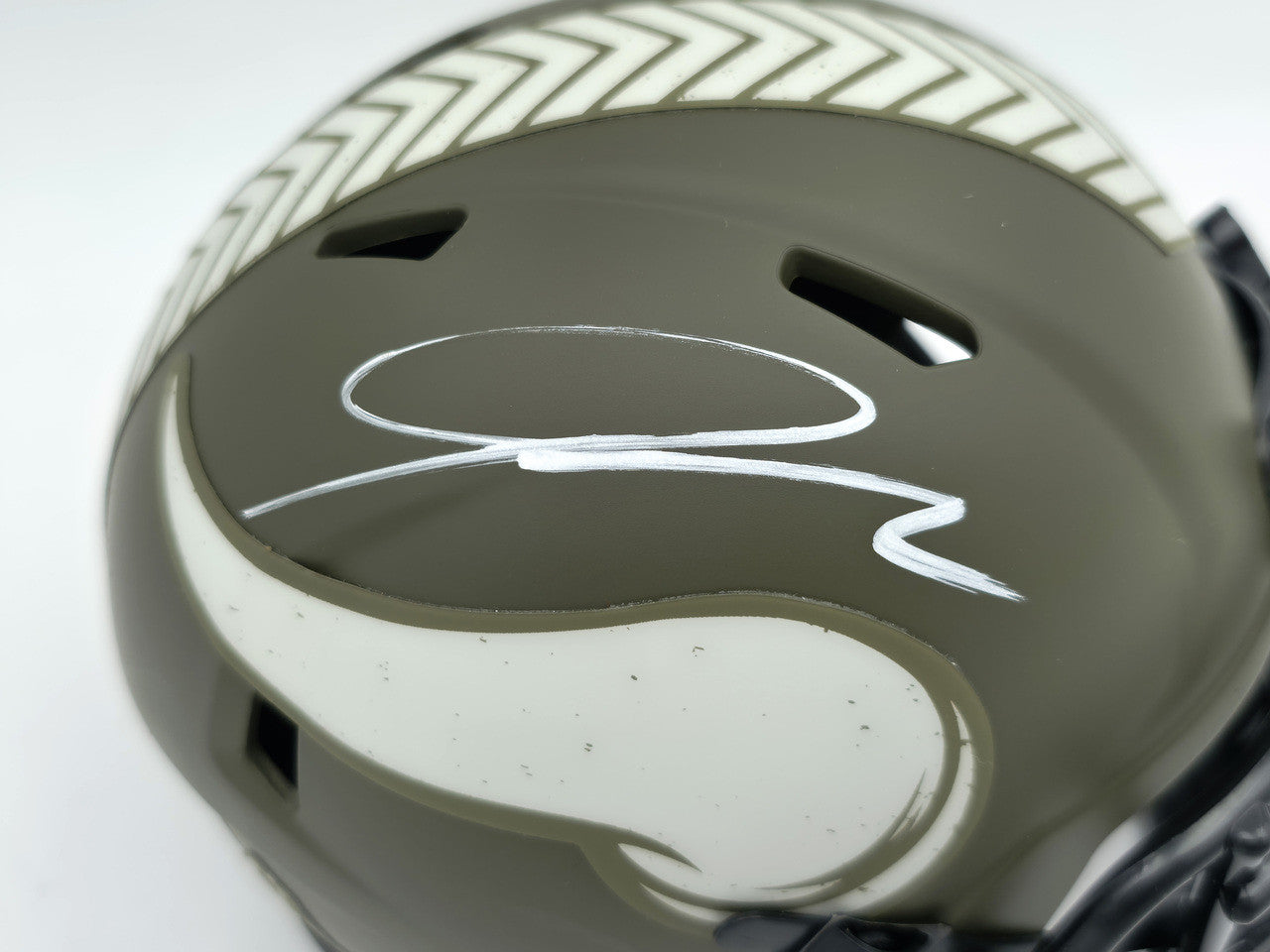 Jordan Addison Autographed Minnesota Vikings Army Green Salute To Service Speed Mini Helmet (In White) Beckett BAS QR Stock #261906