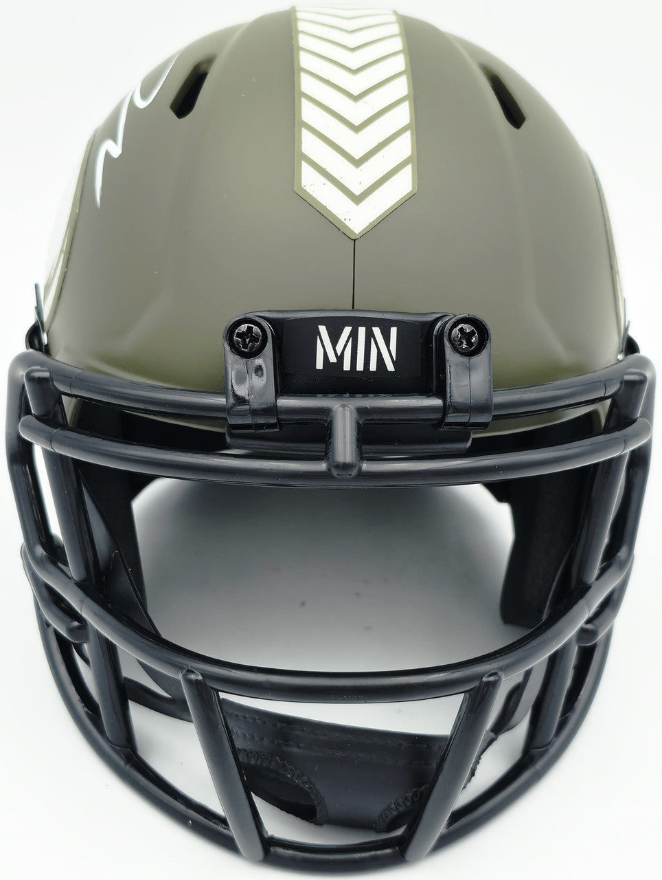 Jordan Addison Autographed Minnesota Vikings Army Green Salute To Service Speed Mini Helmet (In White) Beckett BAS QR Stock #261906