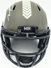 Jordan Addison Autographed Minnesota Vikings Army Green Salute To Service Speed Mini Helmet (In Silver) Beckett BAS QR Stock #261907