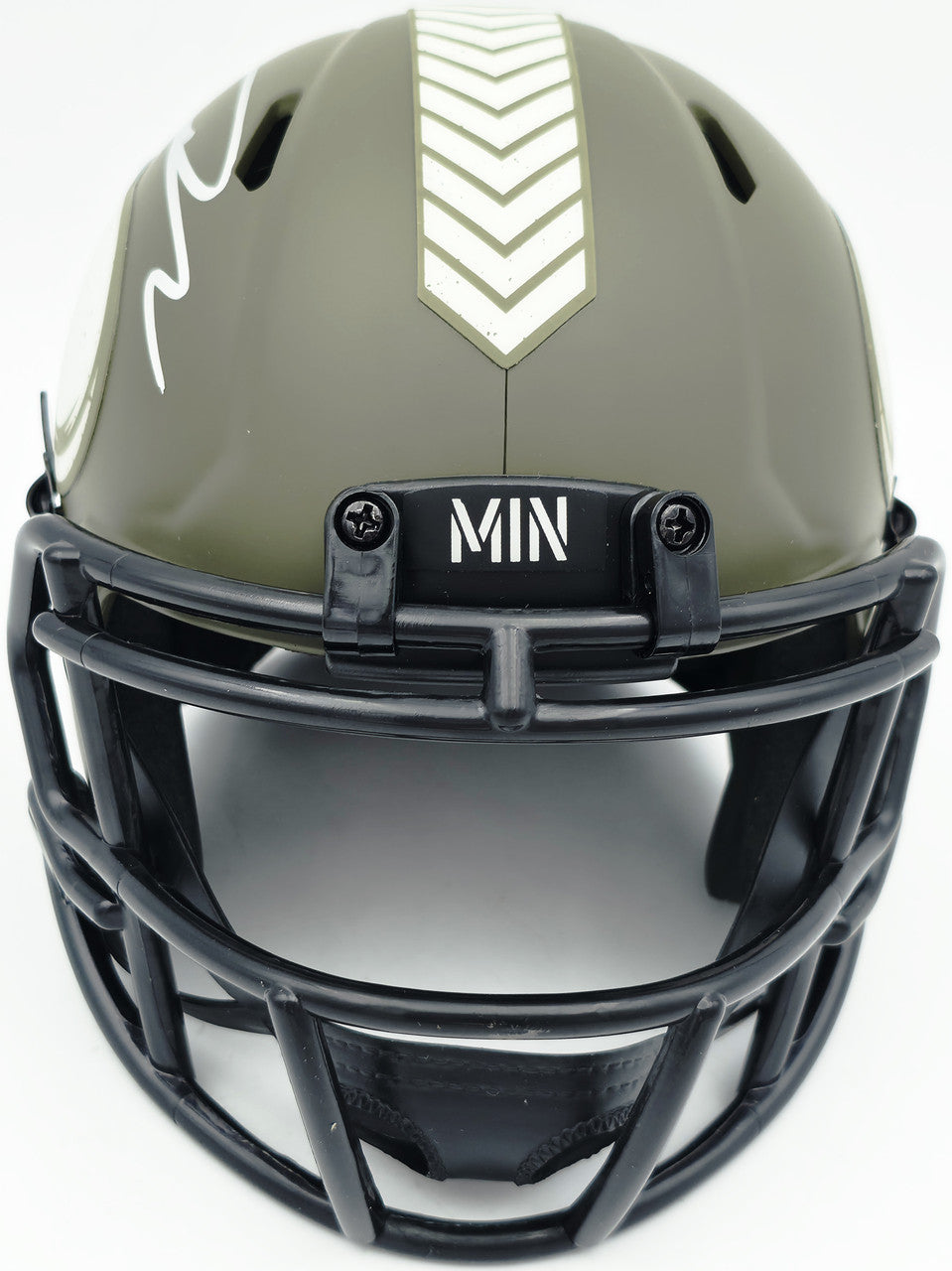 Jordan Addison Autographed Minnesota Vikings Army Green Salute To Service Speed Mini Helmet (In Silver) Beckett BAS QR Stock #261907