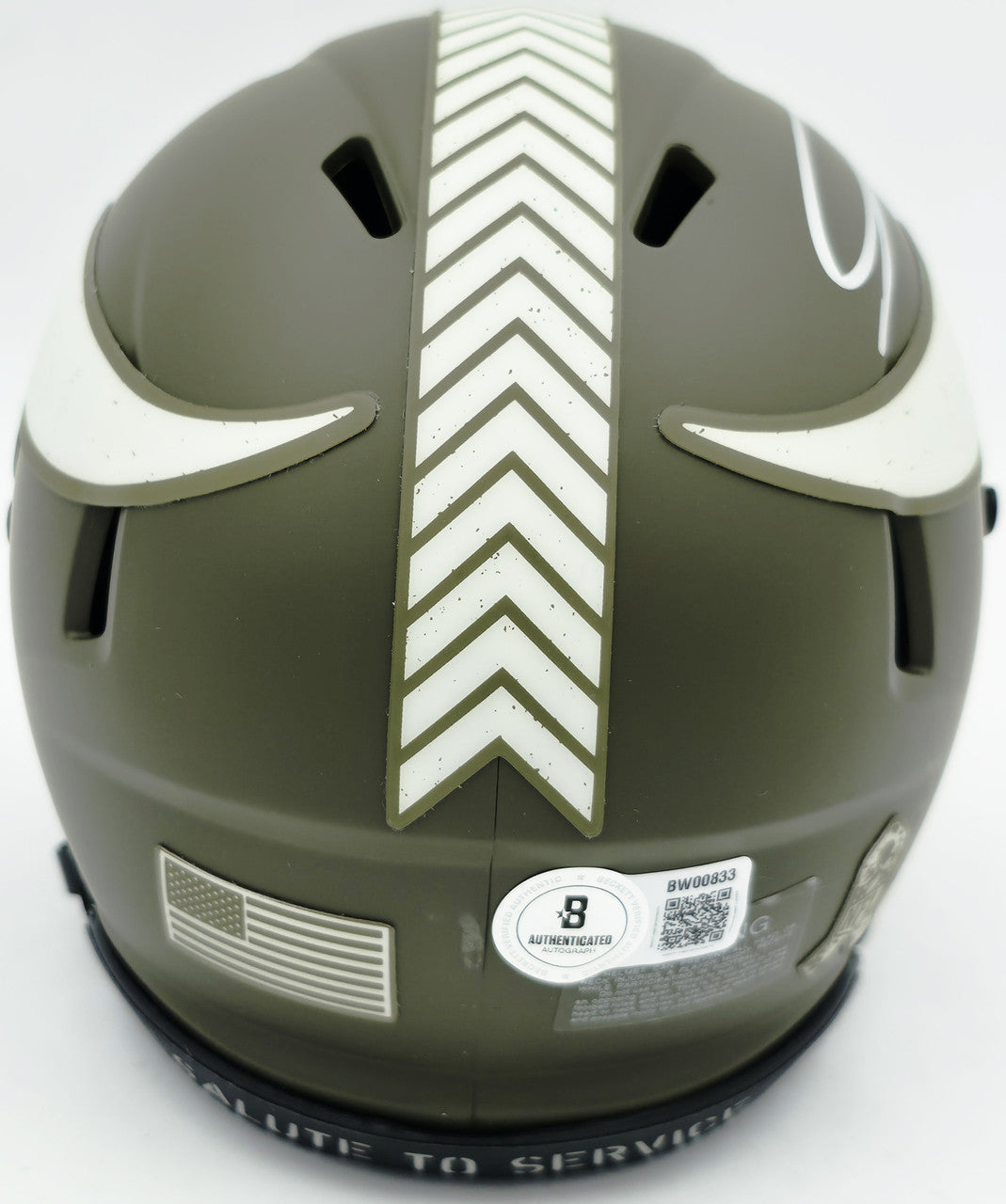 Jordan Addison Autographed Minnesota Vikings Army Green Salute To Service Speed Mini Helmet (In Silver) Beckett BAS QR Stock #261907