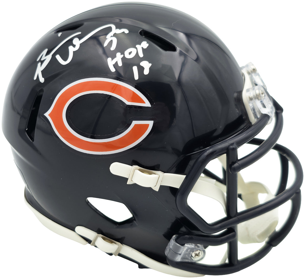 Brian Urlacher Autographed Chicago Bears Blue Speed Mini Helmet (In Silver) "HOF 18" Beckett BAS Witness Stock #261923