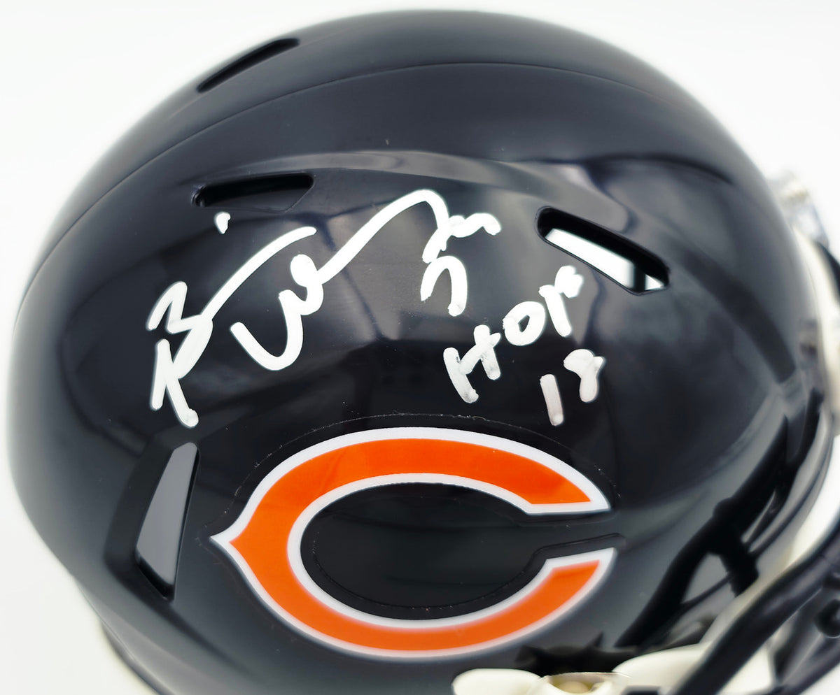 Brian Urlacher Autographed Chicago Bears Blue Speed Mini Helmet (In Silver) "HOF 18" Beckett BAS Witness Stock #261923