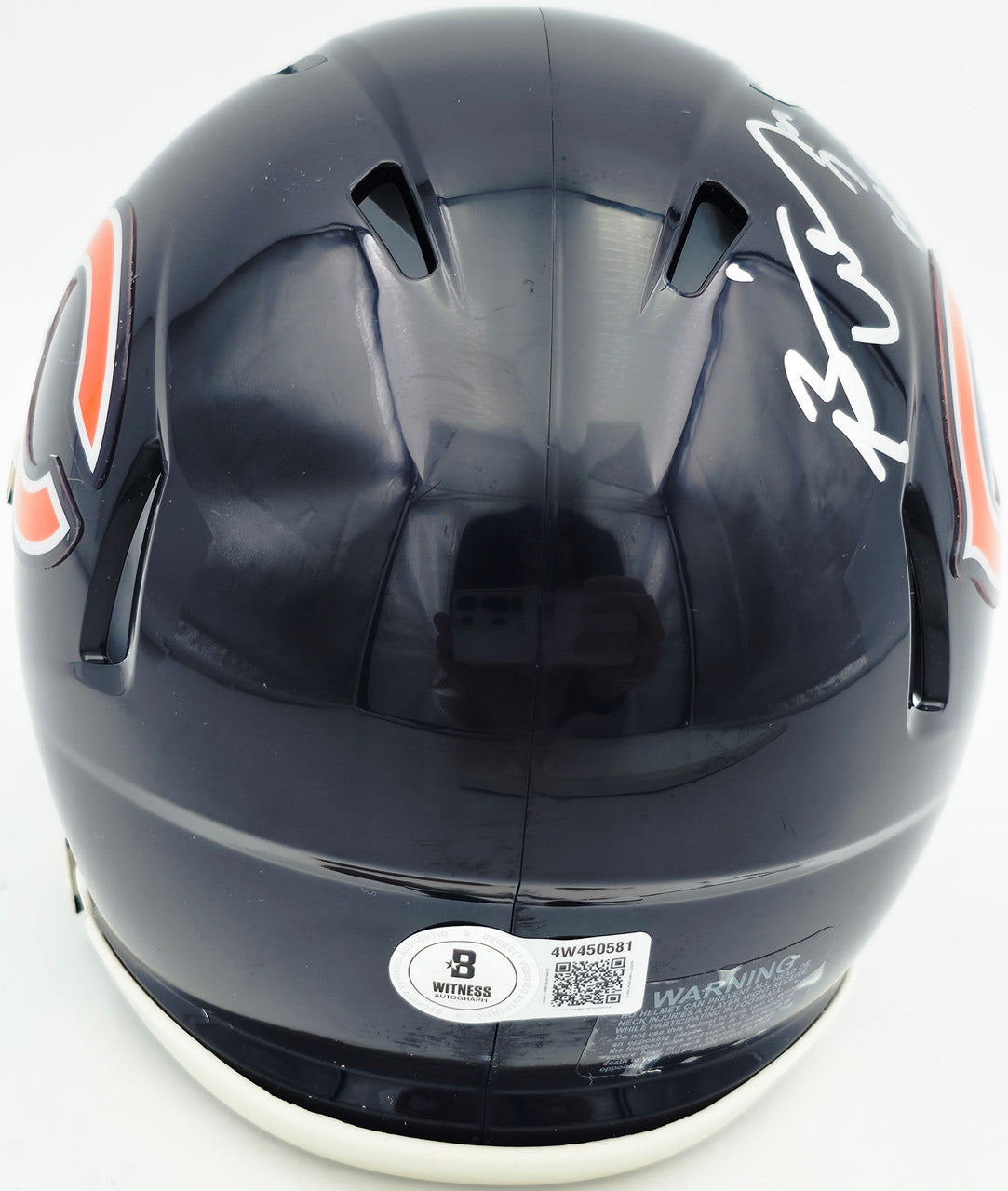 Brian Urlacher Autographed Chicago Bears Blue Speed Mini Helmet (In Silver) "HOF 18" Beckett BAS Witness Stock #261923