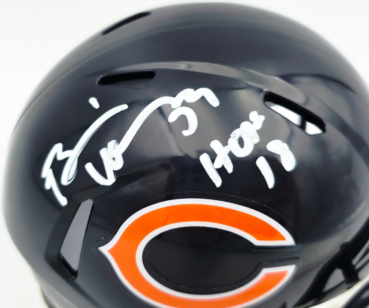 Brian Urlacher Autographed Chicago Bears Blue Speed Mini Helmet (In White) "HOF 18" Beckett BAS Witness Stock #261924