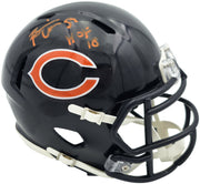 Brian Urlacher Autographed Chicago Bears Blue Speed Mini Helmet (In Orange) "HOF 18" Beckett BAS Witness Stock #261925