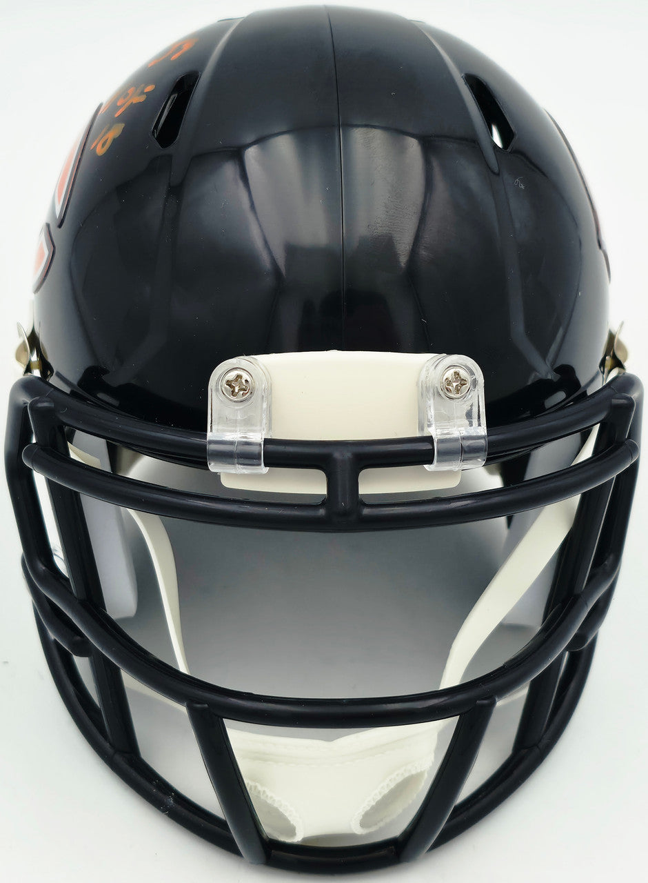 Brian Urlacher Autographed Chicago Bears Blue Speed Mini Helmet (In Orange) "HOF 18" Beckett BAS Witness Stock #261925