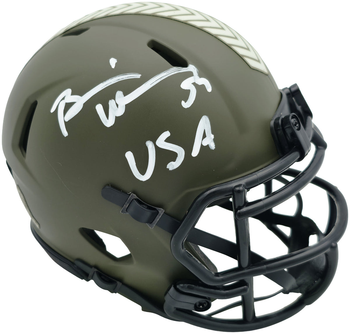 Brian Urlacher Autographed Chicago Bears Army Green 2022 Salute To Service Speed Mini Helmet "USA" Beckett BAS Witness Stock #261926