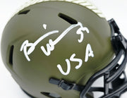Brian Urlacher Autographed Chicago Bears Army Green 2022 Salute To Service Speed Mini Helmet "USA" Beckett BAS Witness Stock #261926