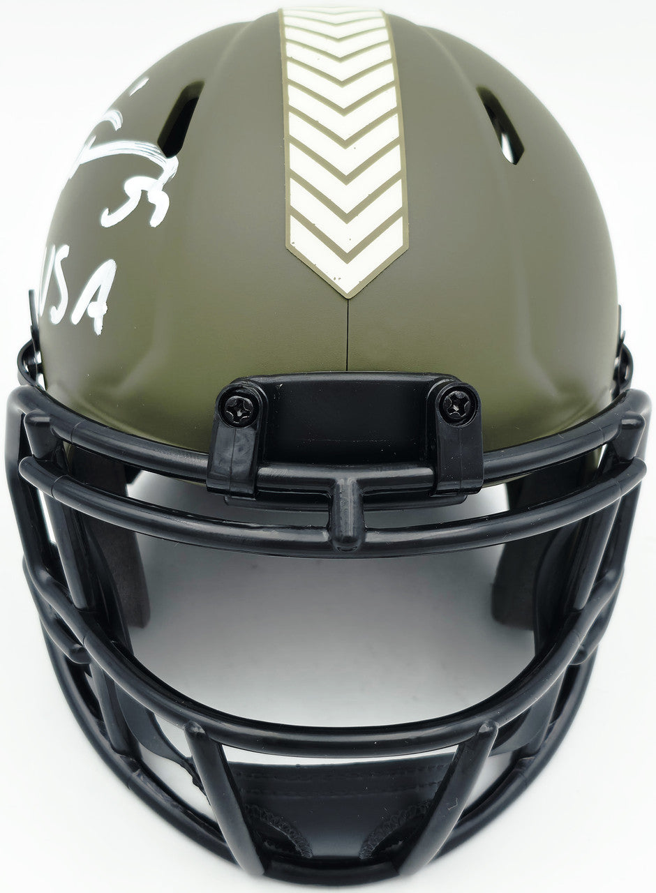 Brian Urlacher Autographed Chicago Bears Army Green 2022 Salute To Service Speed Mini Helmet "USA" Beckett BAS Witness Stock #261926