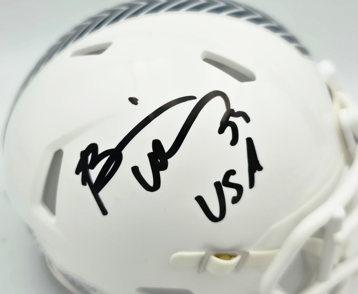 Brian Urlacher Autographed Chicago Bears White 2024 Salute To Service Speed Mini Helmet "USA" Beckett BAS Witness Stock #261927