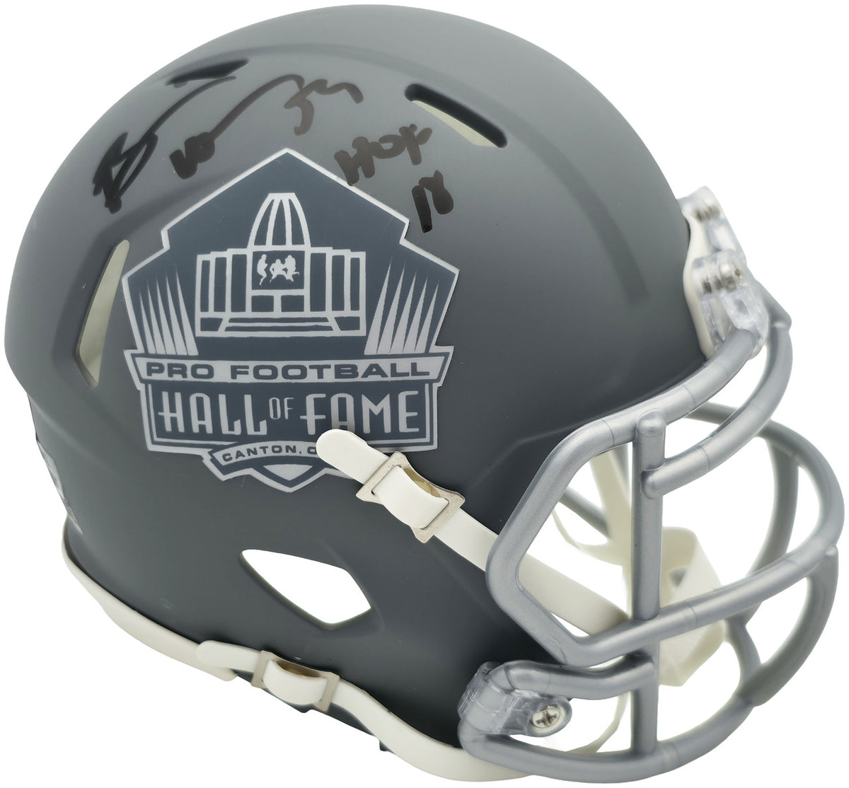 Brian Urlacher Autographed Hall of Fame Slate Gray Speed Mini Helmet "HOF 18" Beckett BAS Witness Stock #261928