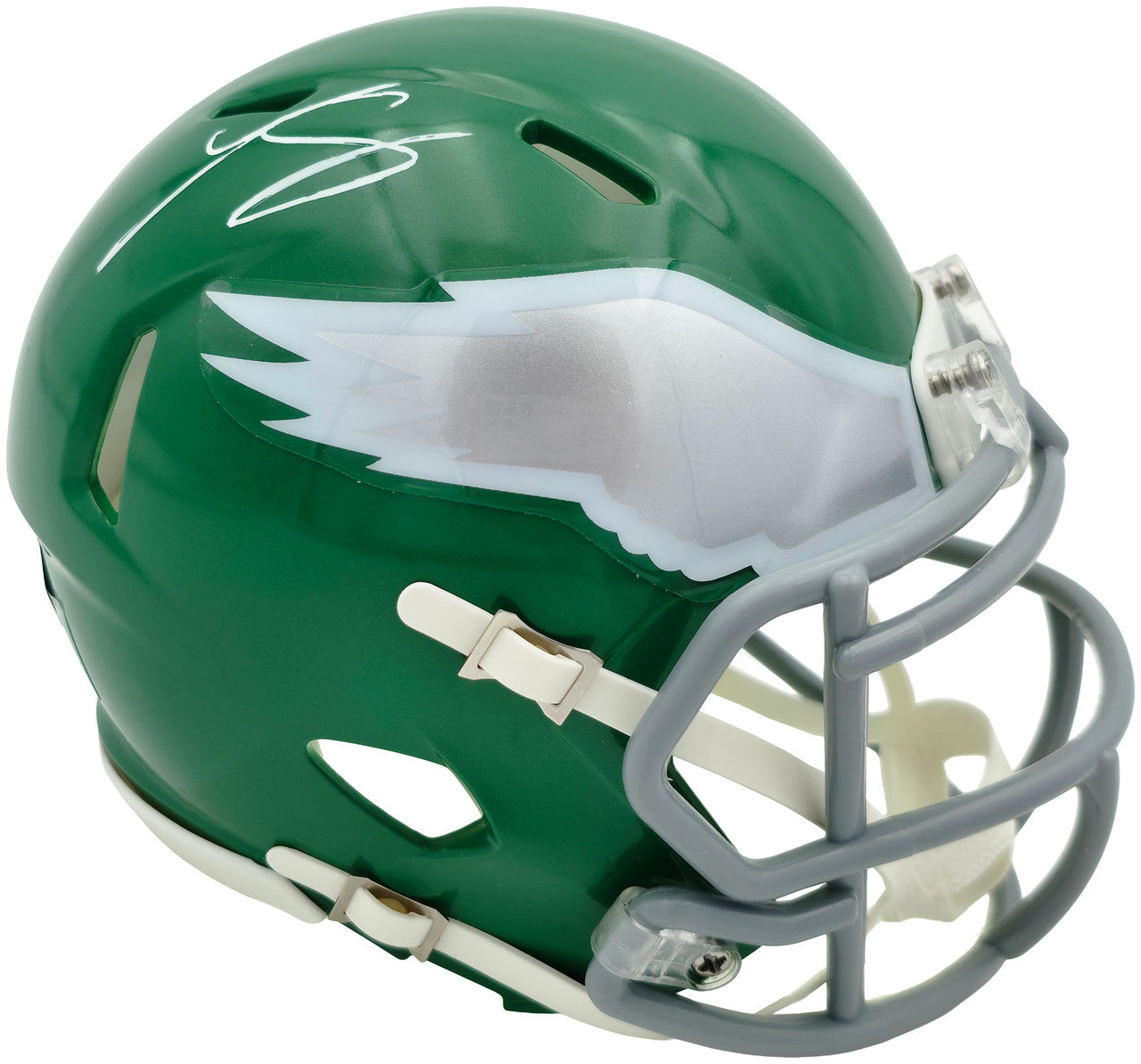 LeSean McCoy Autographed Philadelphia Eagles Green 2023 Alternate Speed Mini Helmet (In Silver) Beckett BAS Witness Stock #261963