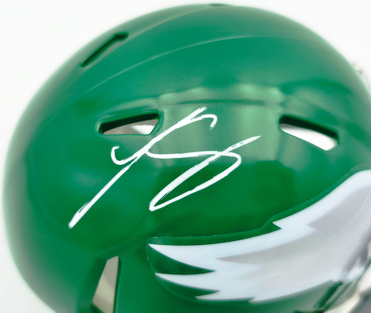 LeSean McCoy Autographed Philadelphia Eagles Green 2023 Alternate Speed Mini Helmet (In Silver) Beckett BAS Witness Stock #261963