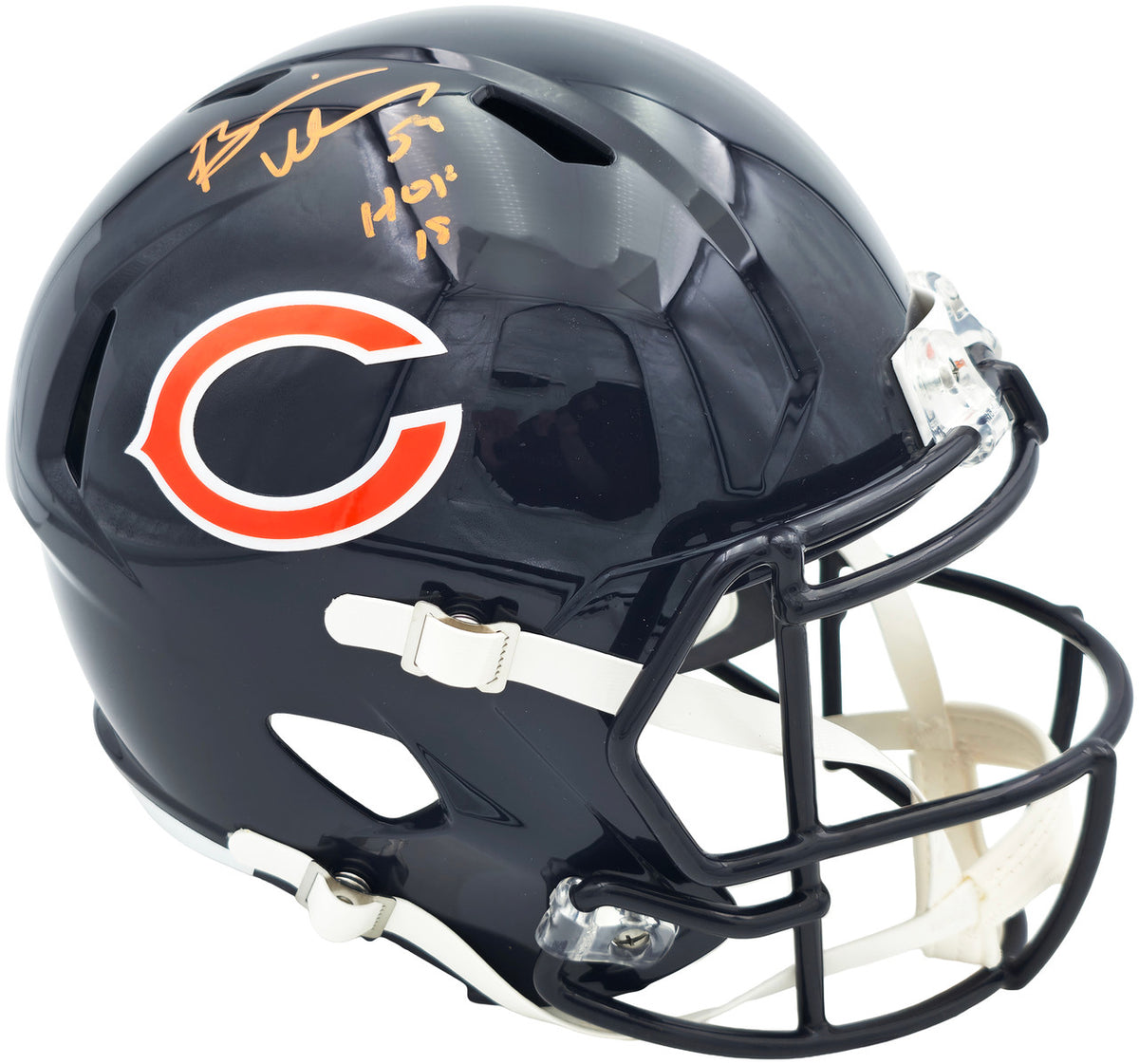 Brian Urlacher Autographed Chicago Bears Blue Full Size Speed Replica Helmet (In Orange) "HOF 18" Beckett BAS Witness Stock #261932