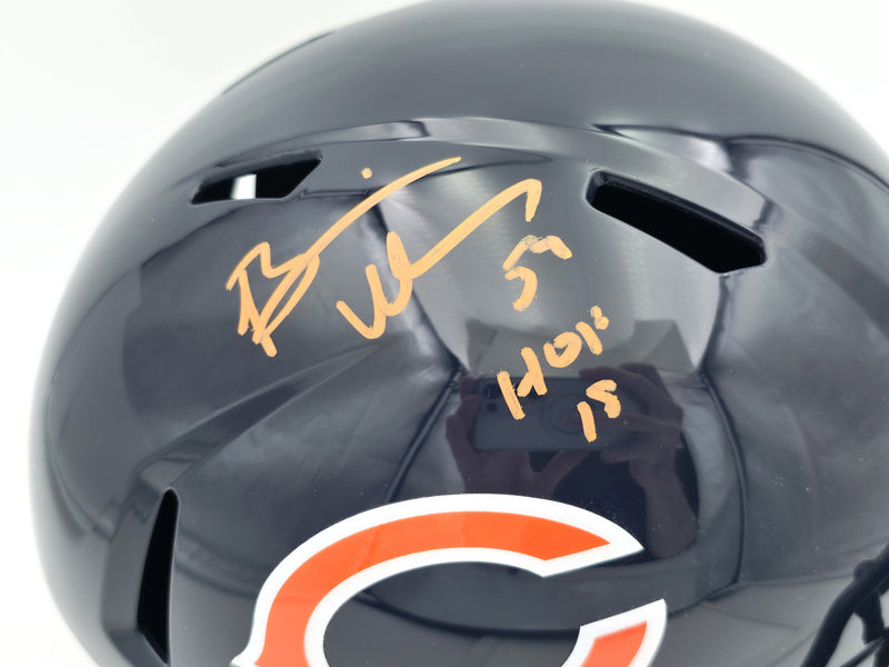 Brian Urlacher Autographed Chicago Bears Blue Full Size Speed Replica Helmet (In Orange) "HOF 18" Beckett BAS Witness Stock #261932