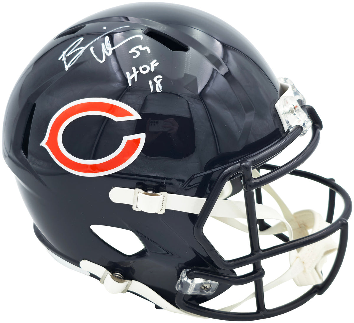 Brian Urlacher Autographed Chicago Bears Blue Full Size Speed Replica Helmet (In White) "HOF 18" Beckett BAS Witness Stock #261933