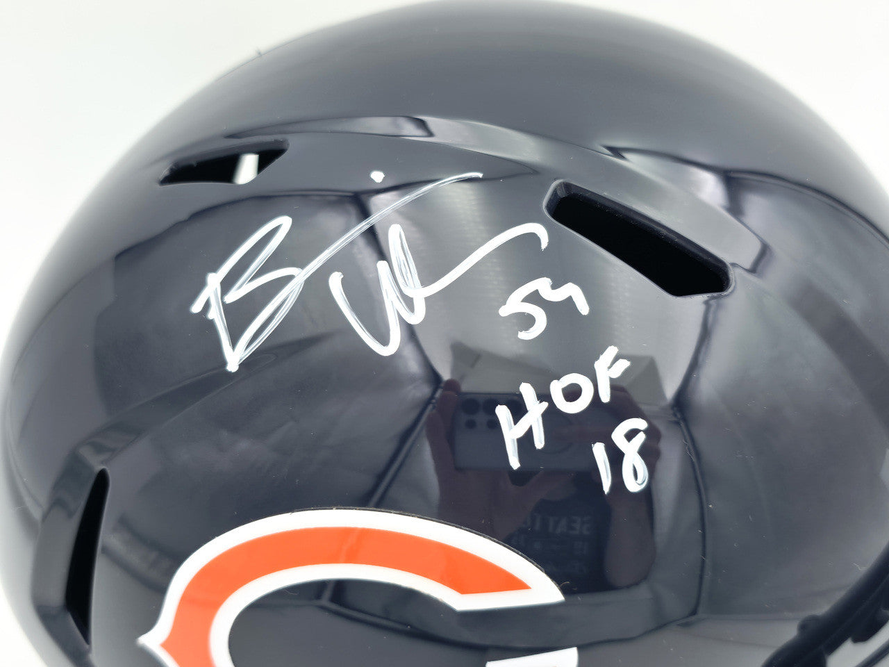 Brian Urlacher Autographed Chicago Bears Blue Full Size Speed Replica Helmet (In White) "HOF 18" Beckett BAS Witness Stock #261933