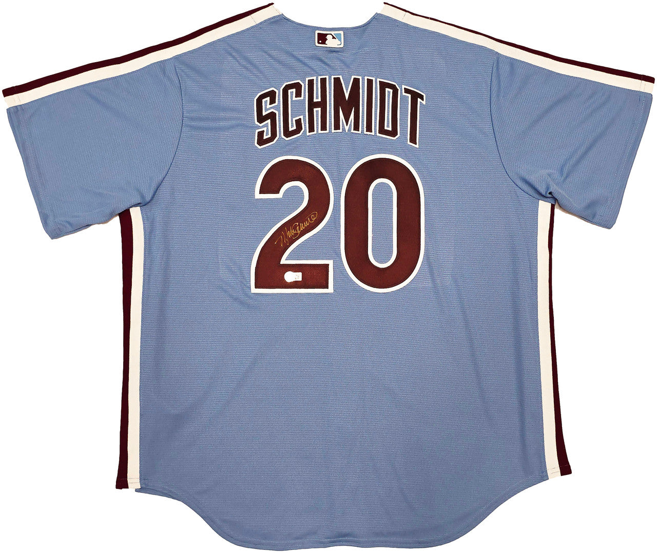 Philadelphia Phillies Mike Schmidt Autographed Light Blue Throwback Nike Jersey Size XL Beckett BAS QR Stock #261404