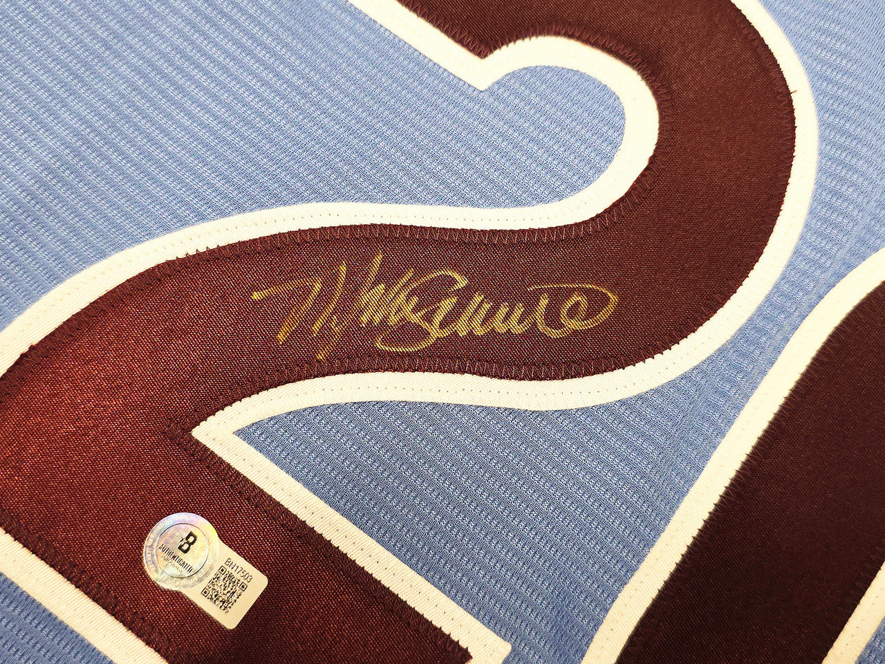 Philadelphia Phillies Mike Schmidt Autographed Light Blue Throwback Nike Jersey Size XL Beckett BAS QR Stock #261404