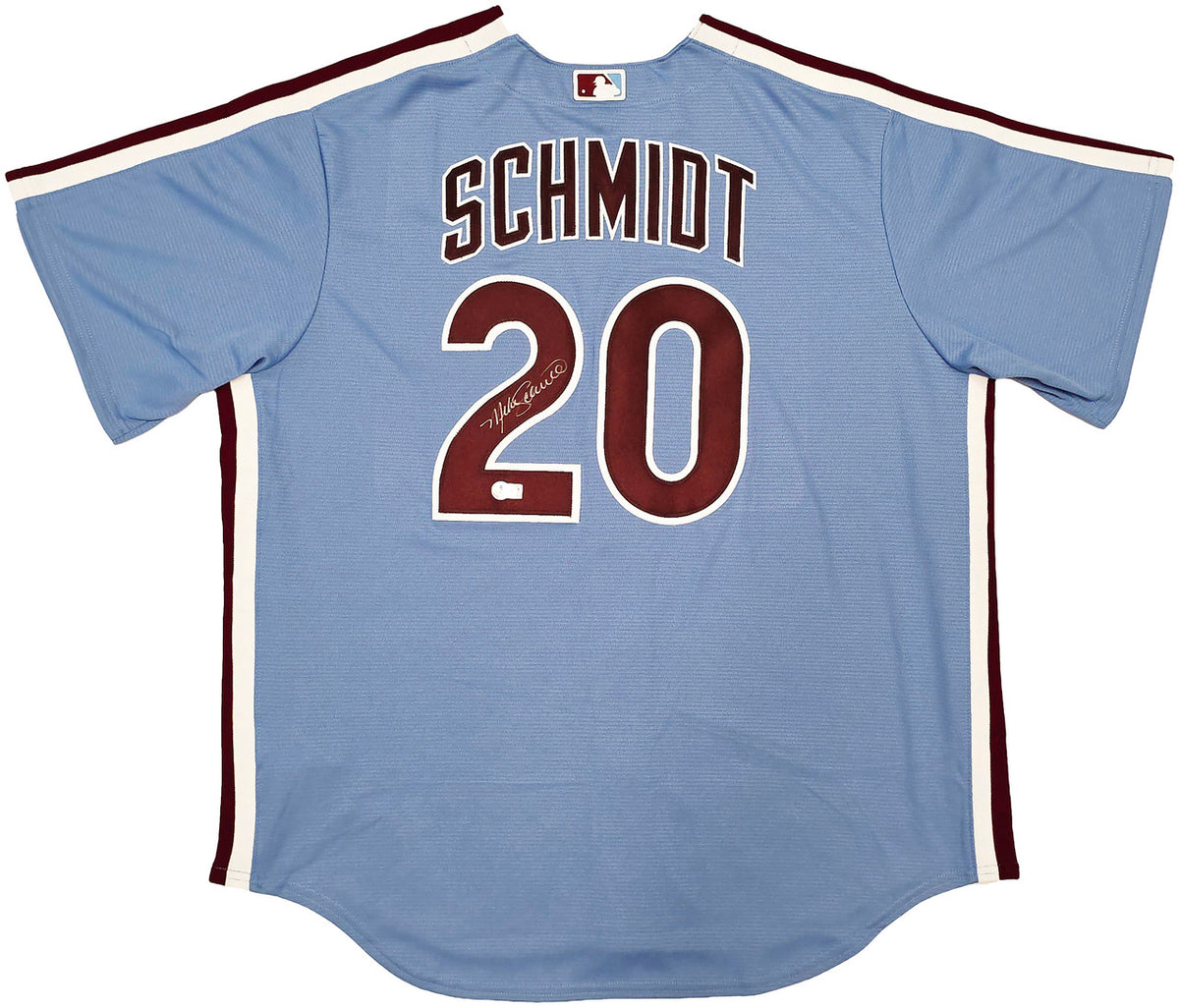 Philadelphia Phillies Mike Schmidt Autographed Light Blue Throwback Nike Jersey Size XL Beckett BAS QR Stock #261405