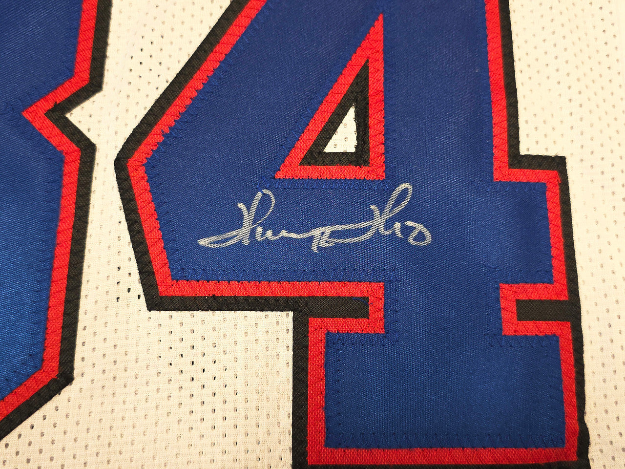 Buffalo Bills Jim Kelly, Thurman Thomas & Andre Reed Autographed White Jersey Beckett BAS Witness Stock #261517