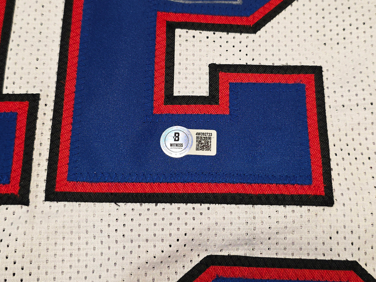 Buffalo Bills Jim Kelly, Thurman Thomas & Andre Reed Autographed White Jersey Beckett BAS Witness Stock #261517