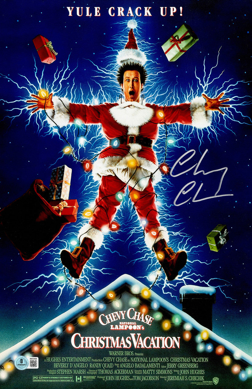 Chevy Chase Autographed 11x17 Movie Poster Christmas Vacation Clark Griswold (In Silver) Beckett BAS QR Stock #261946