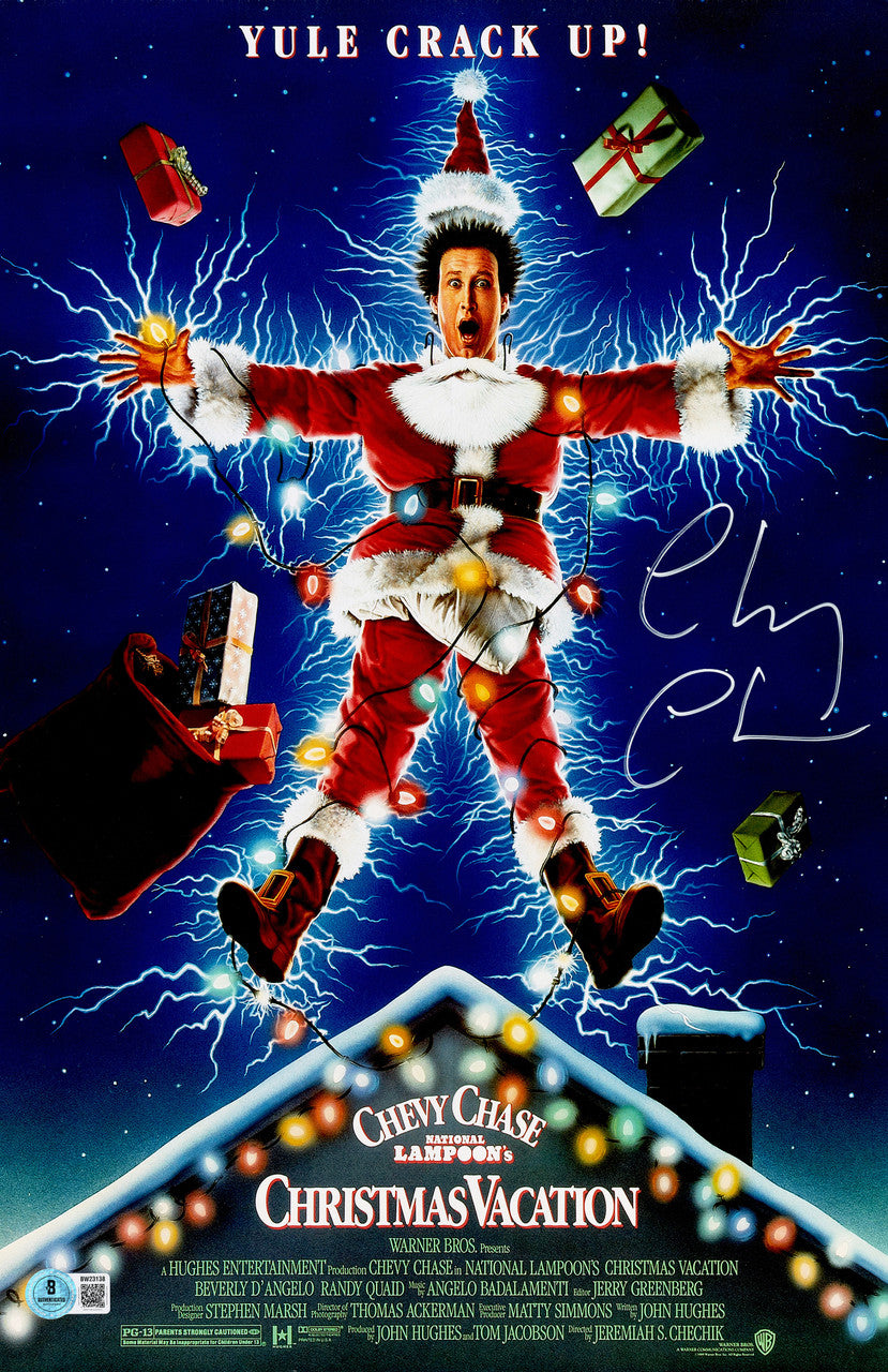 Chevy Chase Autographed 11x17 Movie Poster Christmas Vacation Clark Griswold (In White) Beckett BAS QR Stock #261967