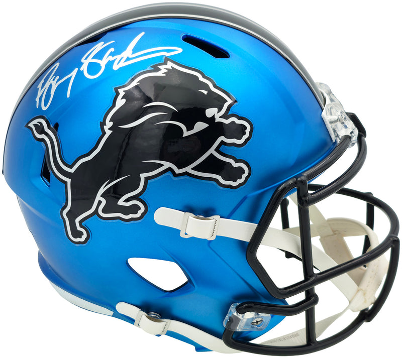 Barry Sanders Autographed Detroit Lions 2024 Alternate Blue Full Size Speed Replica Helmet Beckett BAS QR Stock #260177