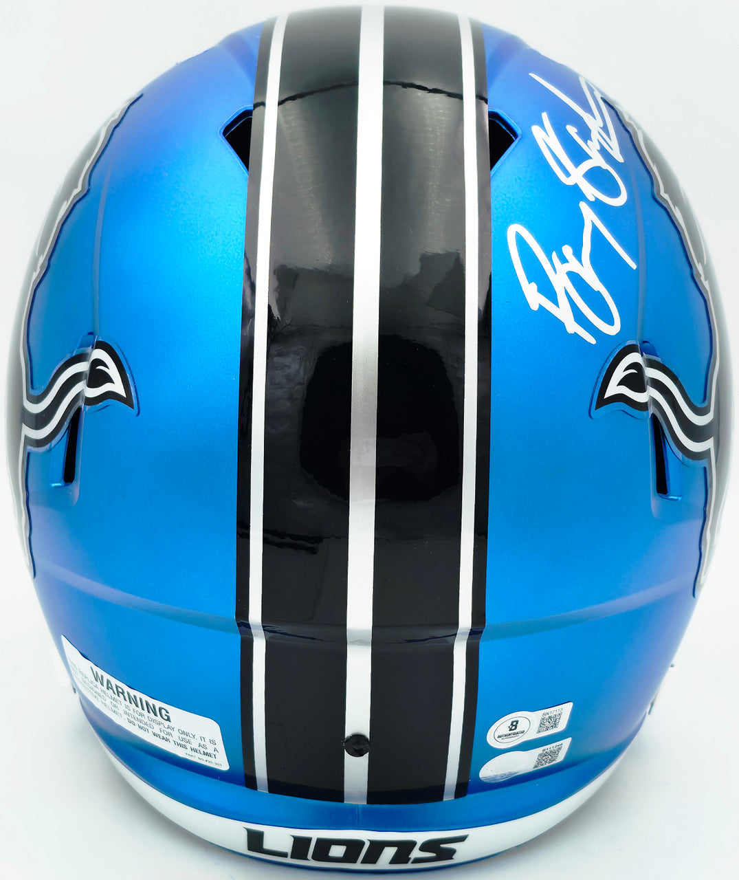 Barry Sanders Autographed Detroit Lions 2024 Alternate Blue Full Size Speed Replica Helmet Beckett BAS QR Stock #260177