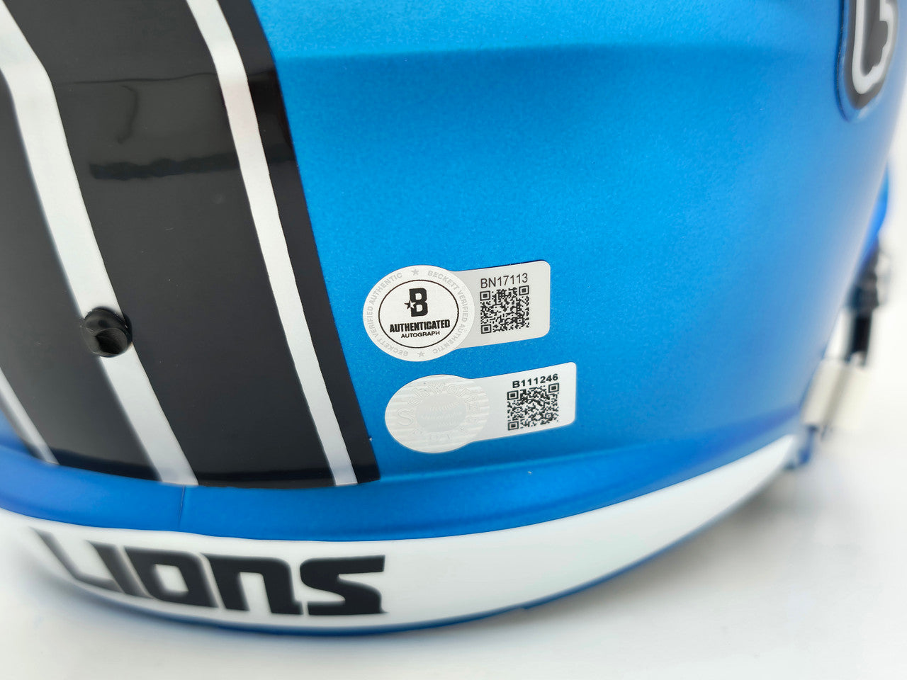 Barry Sanders Autographed Detroit Lions 2024 Alternate Blue Full Size Speed Replica Helmet Beckett BAS QR Stock #260177