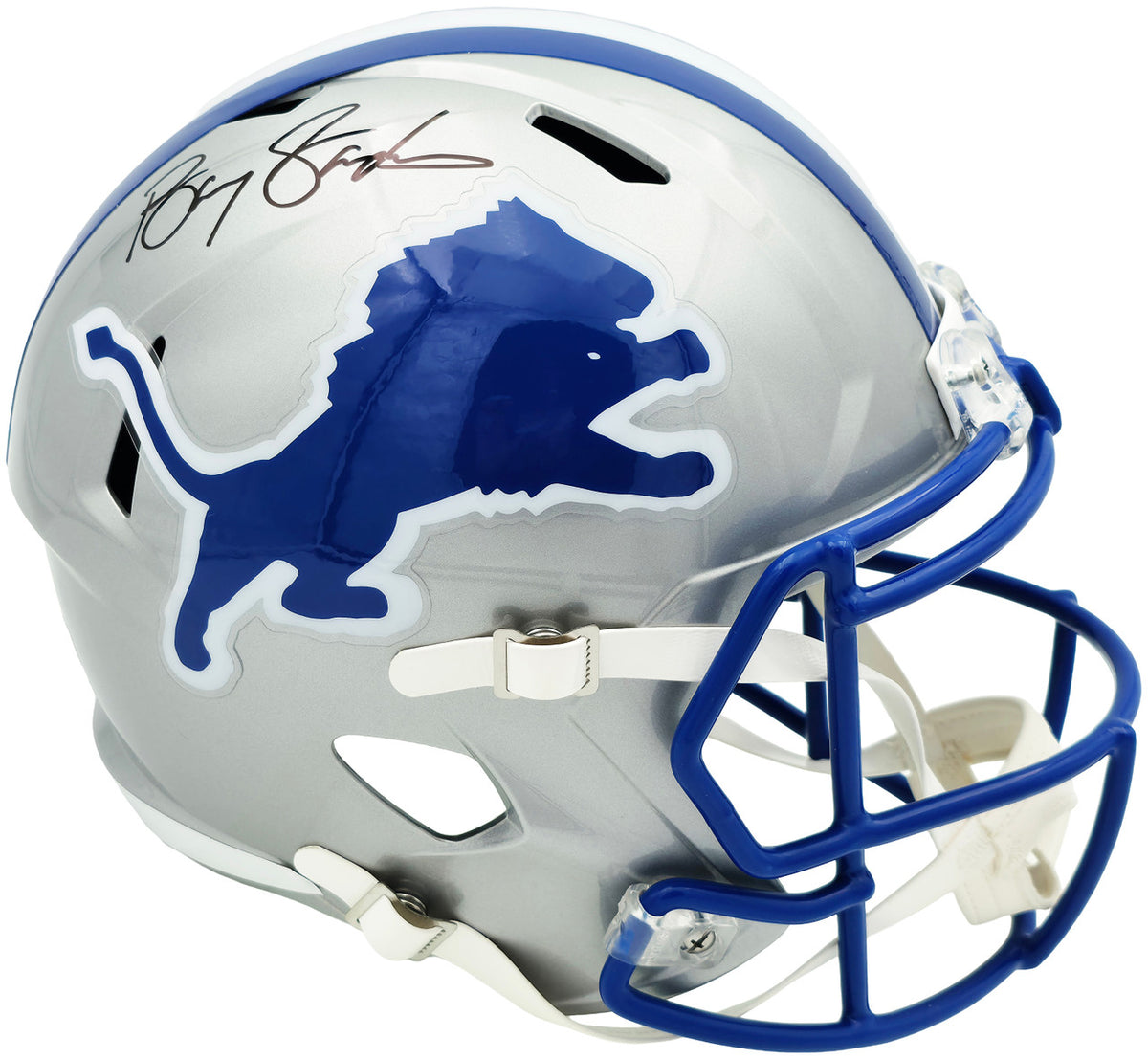 Barry Sanders Autographed Detroit Lions 1983-02 Silver Throwback Full Size Speed Replica Helmet Beckett BAS QR Stock #260180