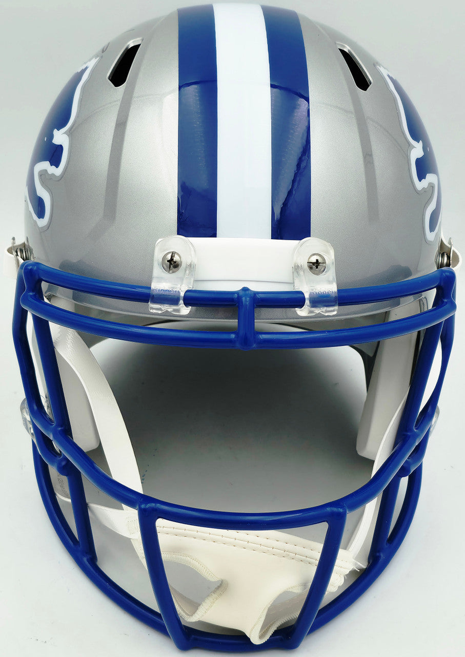 Barry Sanders Autographed Detroit Lions 1983-02 Silver Throwback Full Size Speed Replica Helmet Beckett BAS QR Stock #260180