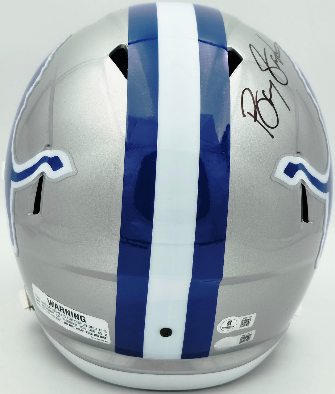 Barry Sanders Autographed Detroit Lions 1983-02 Silver Throwback Full Size Speed Replica Helmet Beckett BAS QR Stock #260180