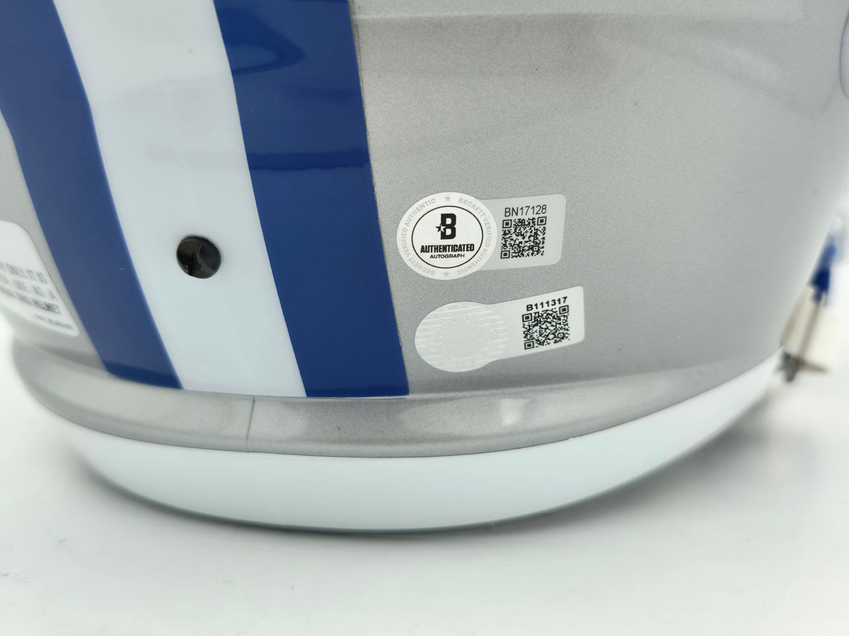 Barry Sanders Autographed Detroit Lions 1983-02 Silver Throwback Full Size Speed Replica Helmet Beckett BAS QR Stock #260180