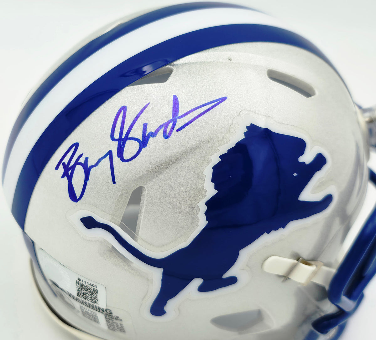 Barry Sanders Autographed Detroit Lions 1983-02 Silver Throwback Speed Mini Helmet Beckett BAS QR Stock #260182