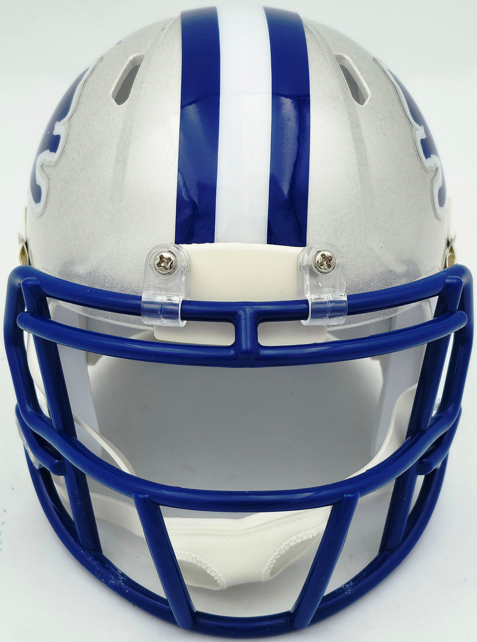 Barry Sanders Autographed Detroit Lions 1983-02 Silver Throwback Speed Mini Helmet Beckett BAS QR Stock #260182