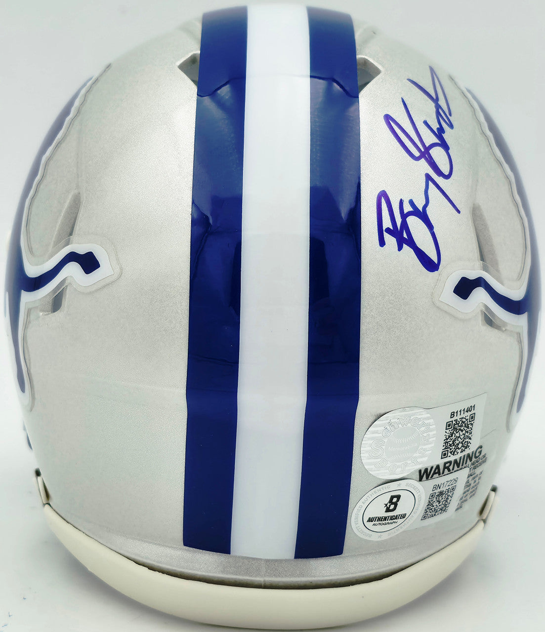 Barry Sanders Autographed Detroit Lions 1983-02 Silver Throwback Speed Mini Helmet Beckett BAS QR Stock #260182