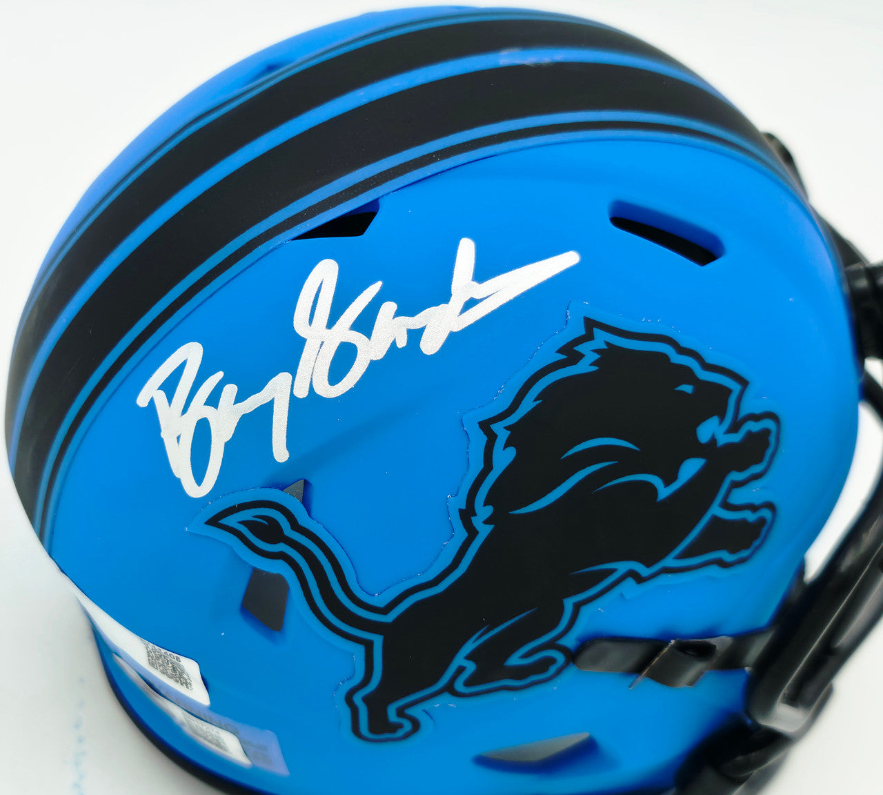 Barry Sanders Autographed Detroit Lions Rave Blue Speed Mini Helmet Beckett BAS QR Stock #260183