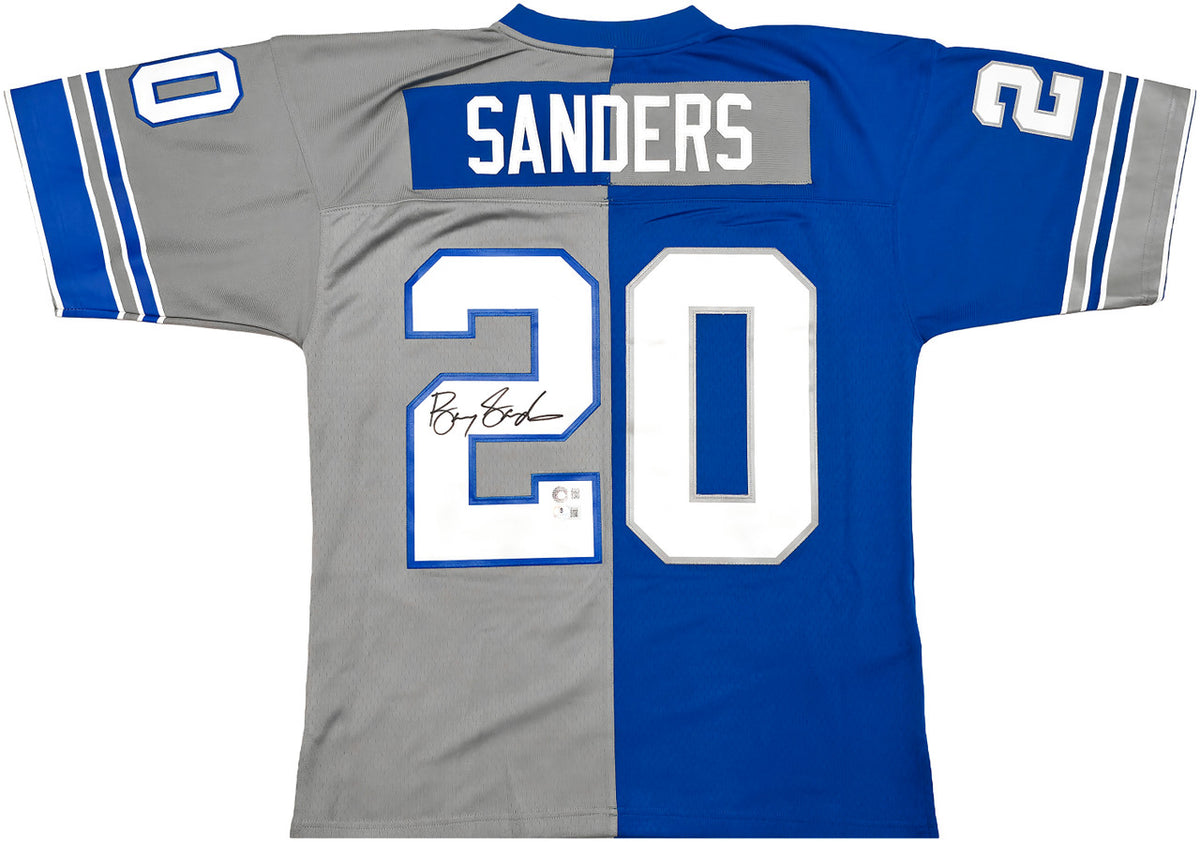 Detroit Lions Barry Sanders Autographed Blue & Grey Split Authentic Mitchell & Ness 1996 NFL Legacy Throwback Jersey Size 44 Beckett BAS QR Stock #260151