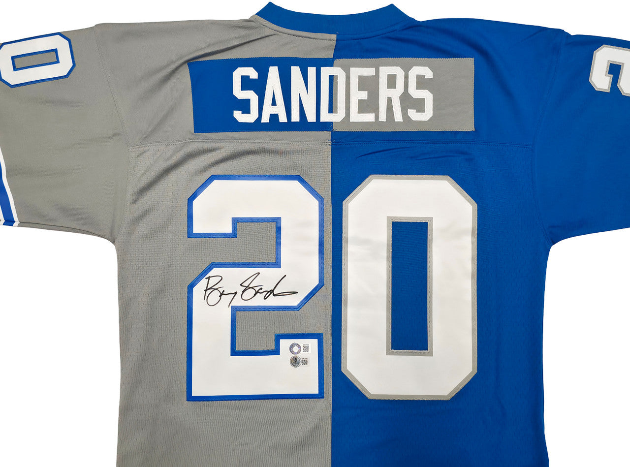 Detroit Lions Barry Sanders Autographed Blue & Grey Split Authentic Mitchell & Ness 1996 NFL Legacy Throwback Jersey Size 48 Beckett BAS QR Stock #260152