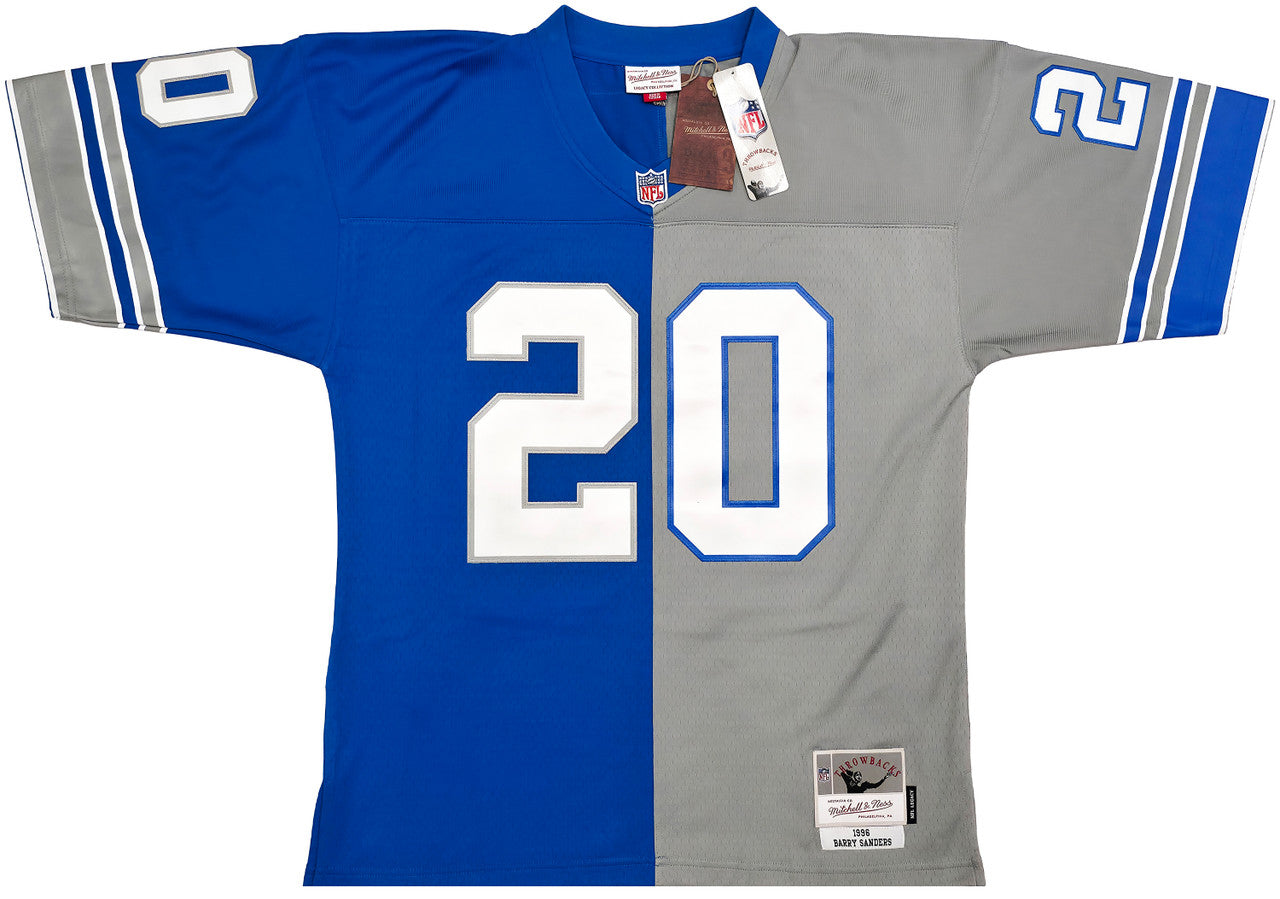 Detroit Lions Barry Sanders Autographed Blue & Grey Split Authentic Mitchell & Ness 1996 NFL Legacy Throwback Jersey Size 44 Beckett BAS QR Stock #260151