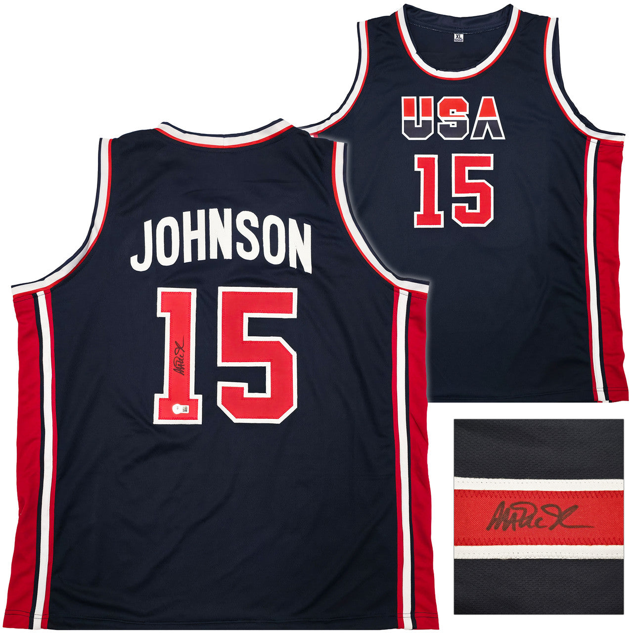 Team USA Magic Johnson Autographed Blue Jersey Beckett BAS QR Stock #259994