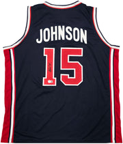 Team USA Magic Johnson Autographed Blue Jersey Beckett BAS QR Stock #259994